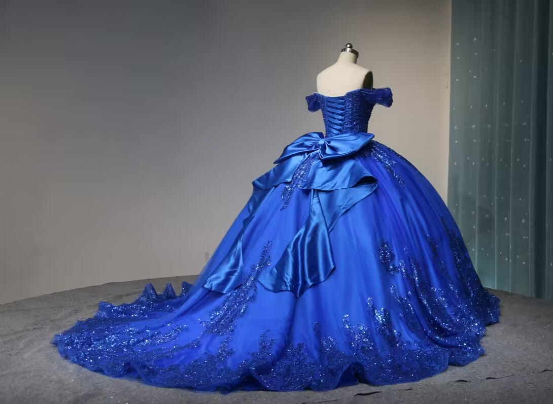 Shiny Royal Blue Off-Shoulder Quinceanera Dress Lace Applique With Bow