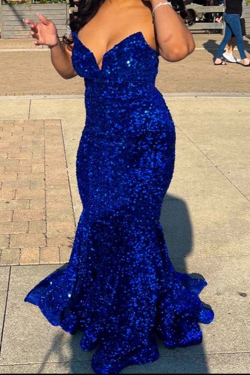 Iridescent Sequins Long Prom Dress V Neck Mermaid Evening Formal Dress