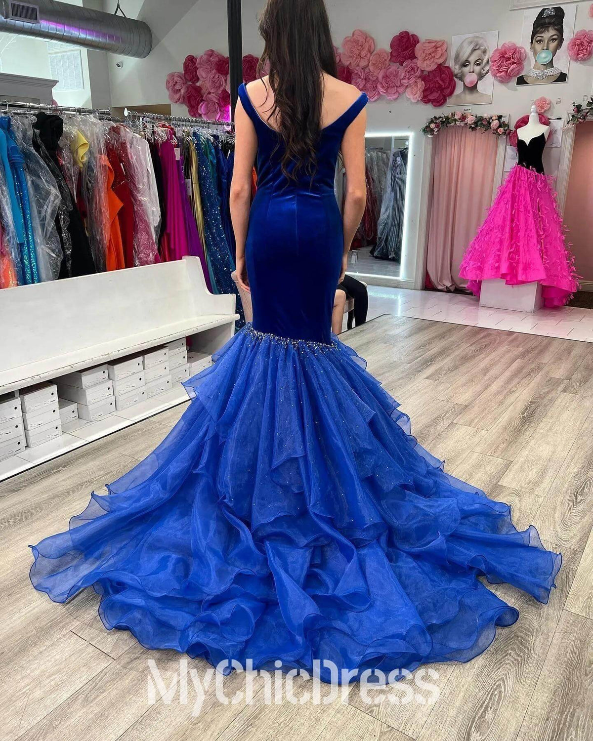 Royal Blue Velvet Formal Dress Mermaid Prom Dresses Ruffled Off the Shoulder