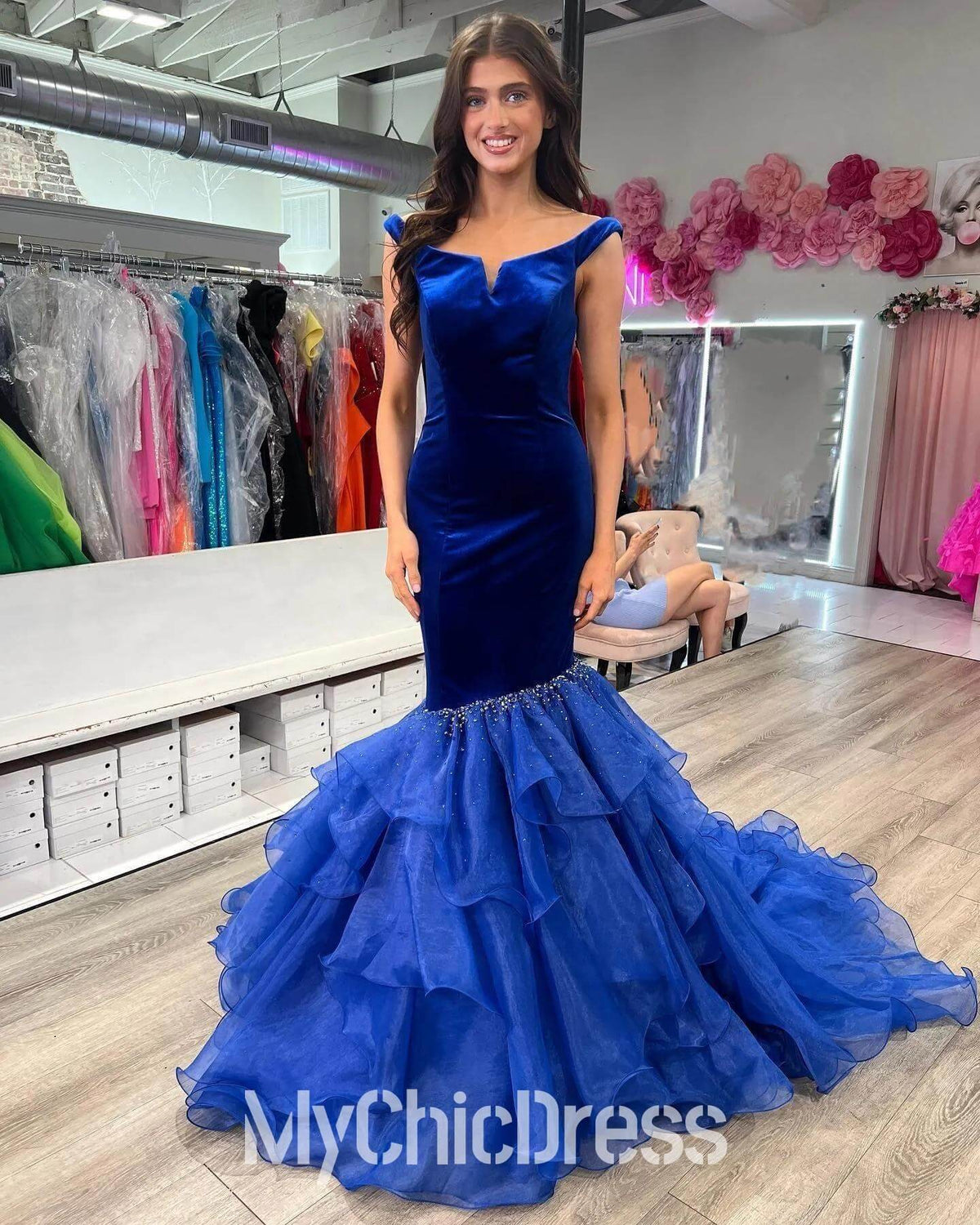 Royal Blue Velvet Formal Dress Mermaid Prom Dresses Ruffled Off the Shoulder