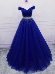 A Line Off the Shoulder Tulle Purple Prom Dresses with Beaded