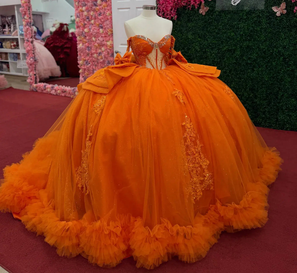 Ruffled Orange Quinceanera Dresses Corset Ball Gown Tulle Lace Beaded