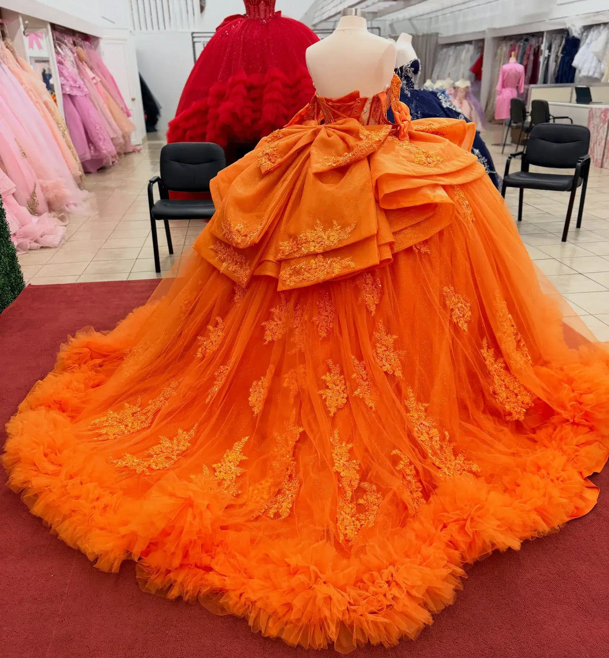 Ruffled Orange Quinceanera Dresses Corset Ball Gown Tulle Lace Beaded