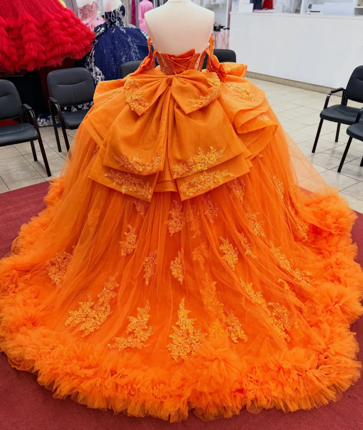 Ruffled Orange Quinceanera Dresses Corset Ball Gown Tulle Lace Beaded