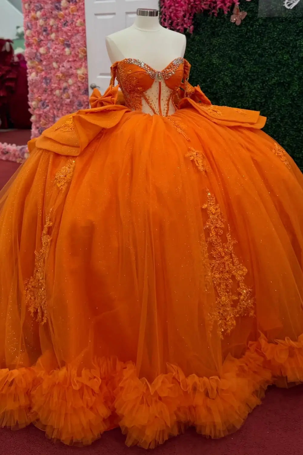 Ruffled Orange Quinceanera Dresses Corset Ball Gown Tulle Lace Beaded