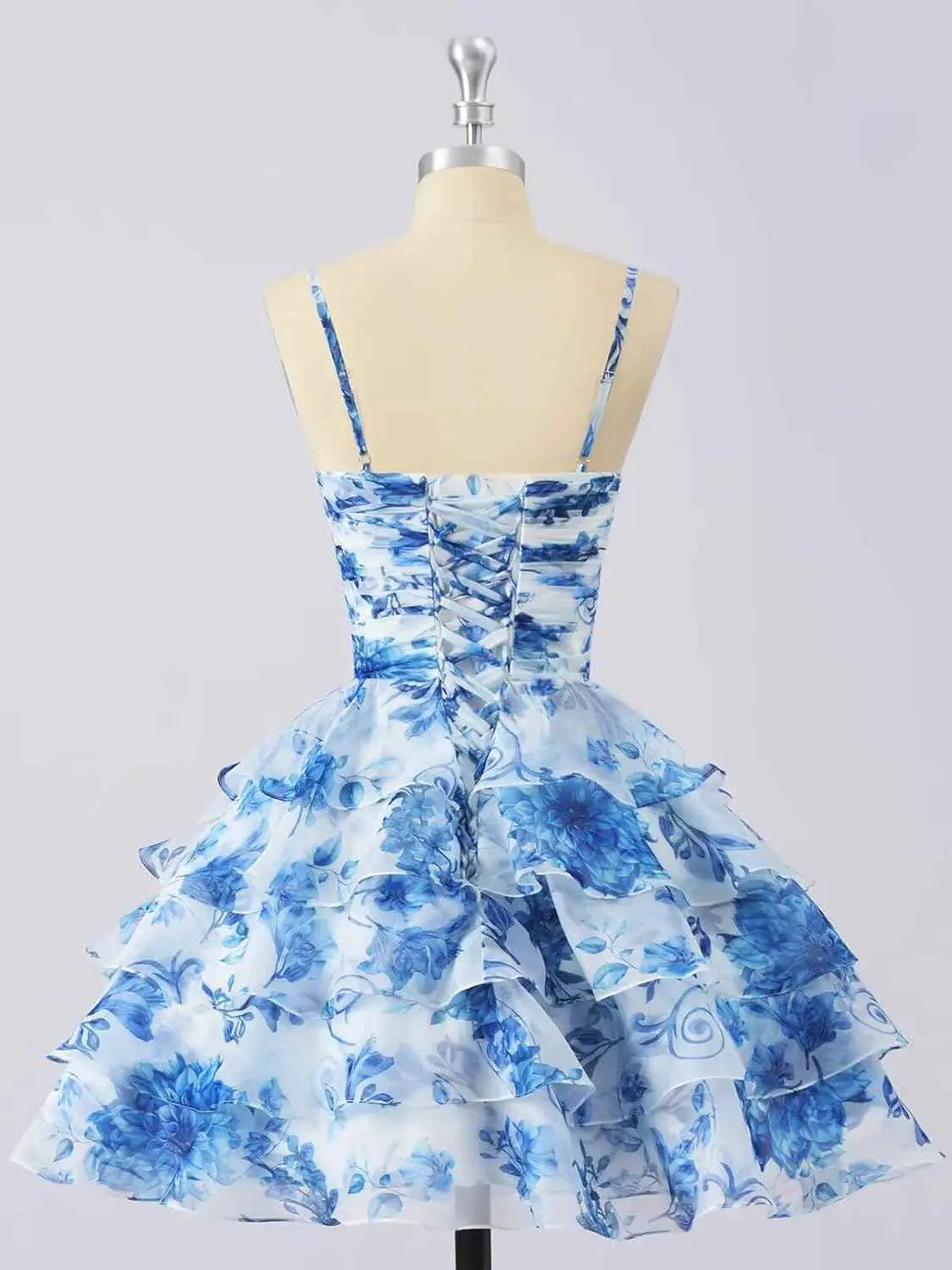 Hot Blue Chiffon Floral Short Homecoming Dress with Ruffles