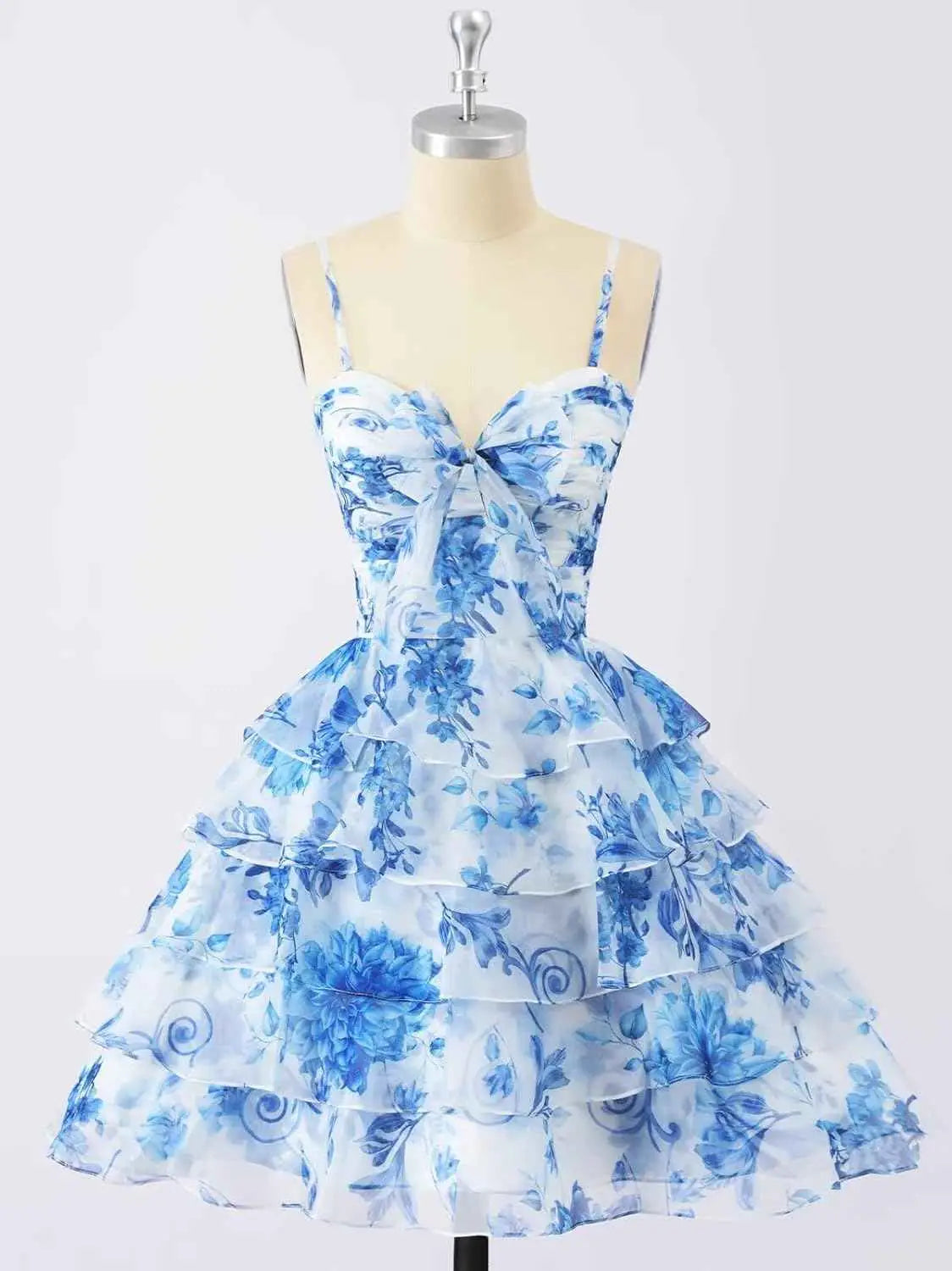 Hot Blue Chiffon Floral Short Homecoming Dress with Ruffles
