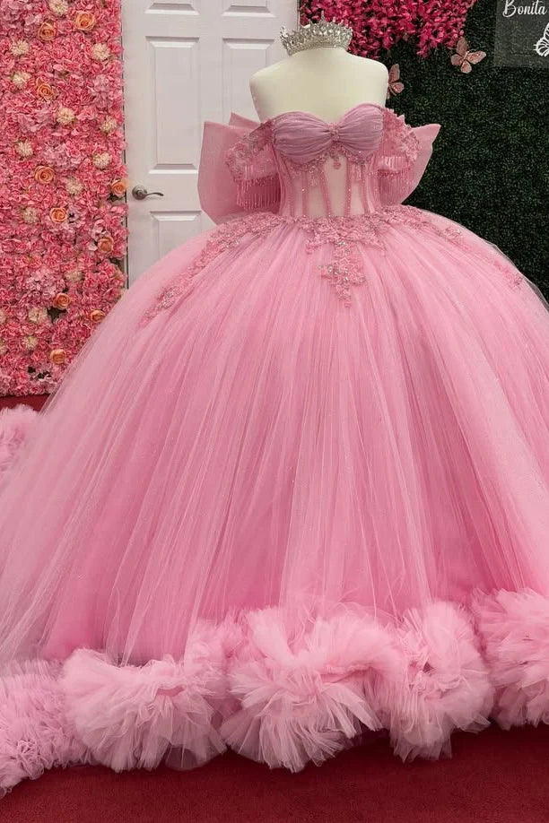 Ruffles Pink Quince Dress Corset Bodice Ball Gown Sweet 16 Dress