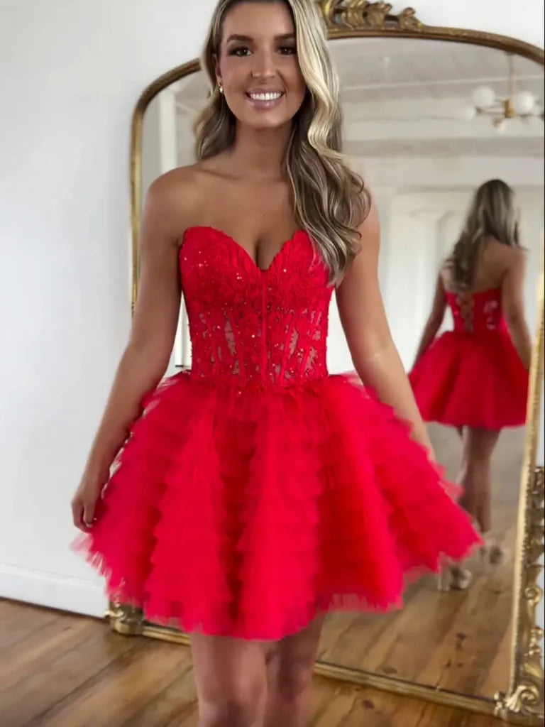 Ruffles Strapless Short Hoco Dresses Corset Red Lace Cocktail Dress