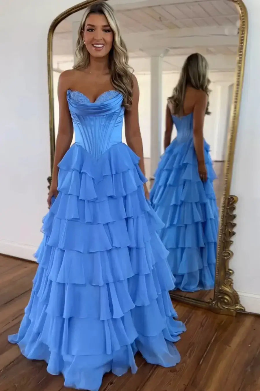 Ruffles Strapless Tiered prom Dress Blue Lace Chiffon Split
