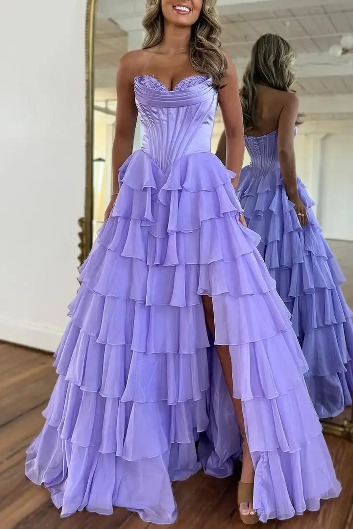 Ruffles Strapless Tiered prom Dress Blue Lace Chiffon Split