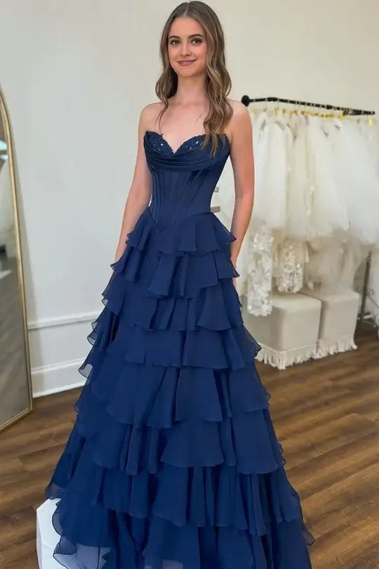 Ruffles Strapless Tiered prom Dress Blue Lace Chiffon Split