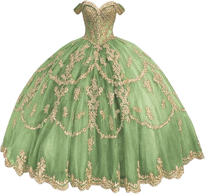 Gold Sweet 16 Dress Tulle Lace sage Quince Dress Vestidos de 15 Años Off Shoulder Mychicdress