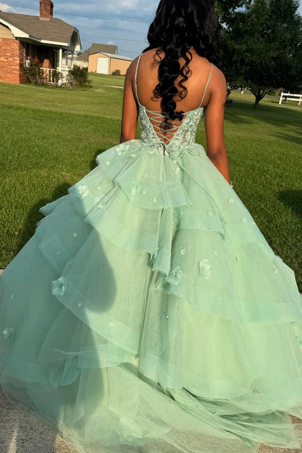 Sage Green Ball Gown Quinceanera Dress Sweetheart Tiered with Appliques Mychicdress