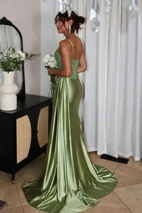 Appliqued Mermaid Dark Green Senior Prom Dress UK Sequined Spaghetti Straps