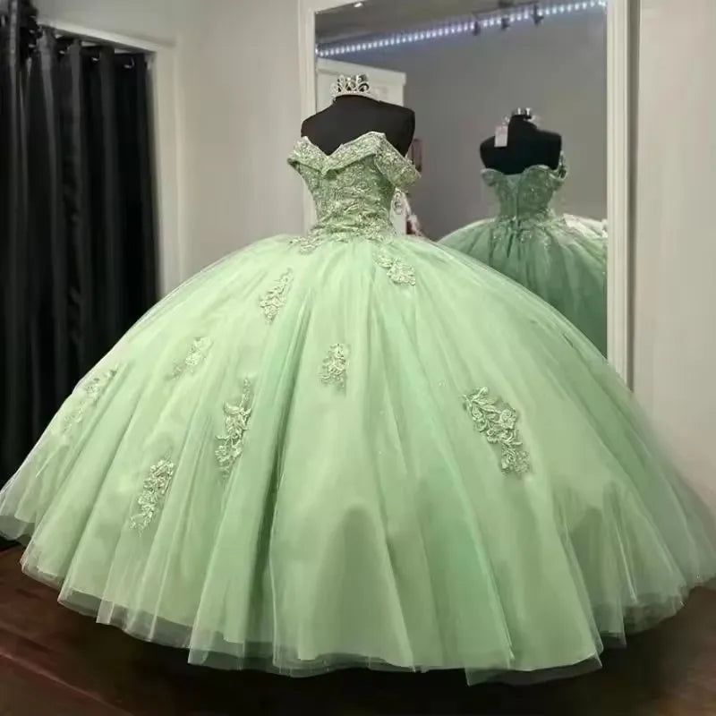 Lace Sage Green Bodice Quinceanera Dress Off-Shoulder Sweetheart