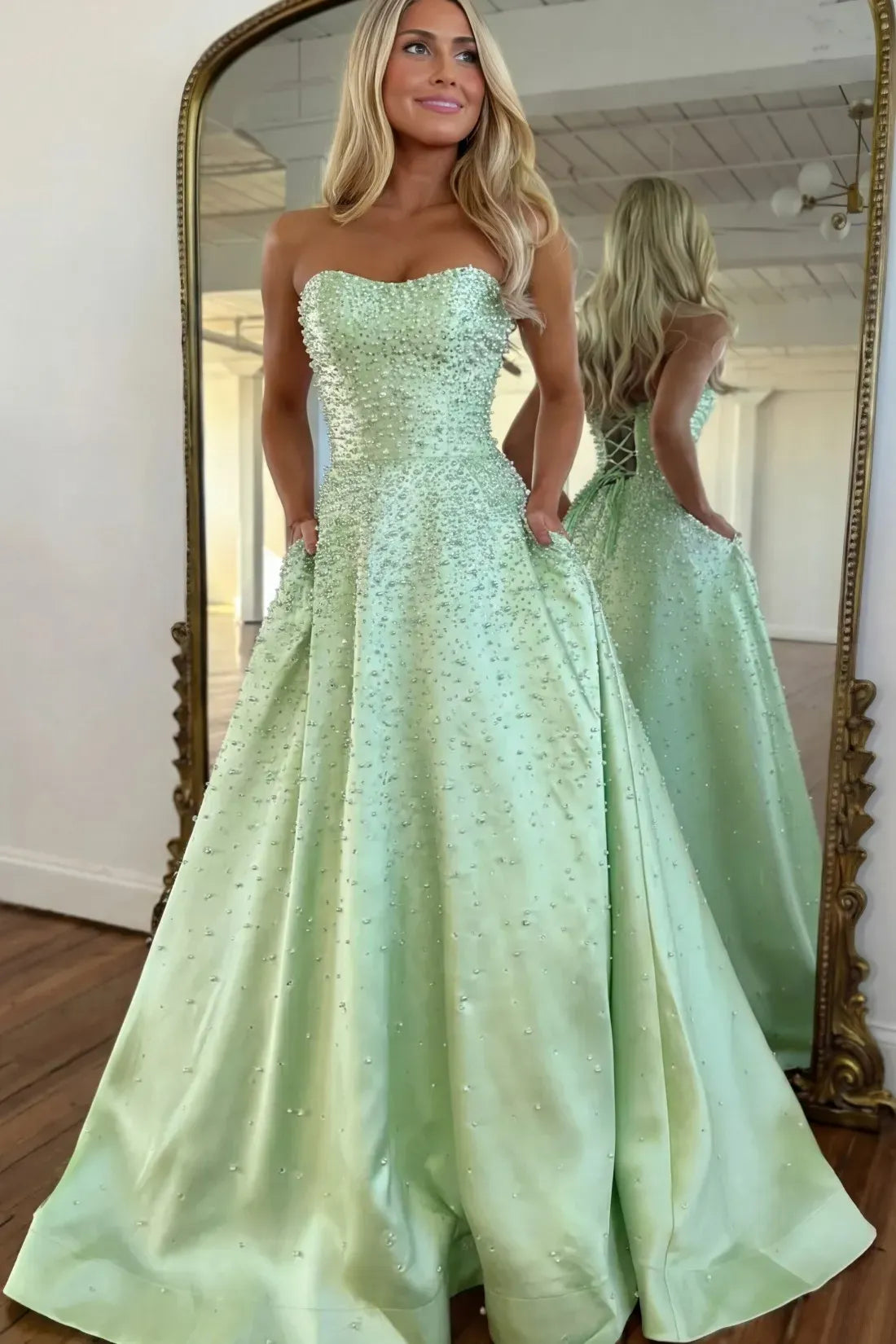 Light Blue Strapless Prom Dress Pearls A-line Satin Evening Dress Sweetheart