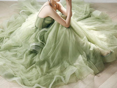 Sage Green Tulle Corset Quinceanera Dresses Ball Gown Spaghetti Straps Mychicdress