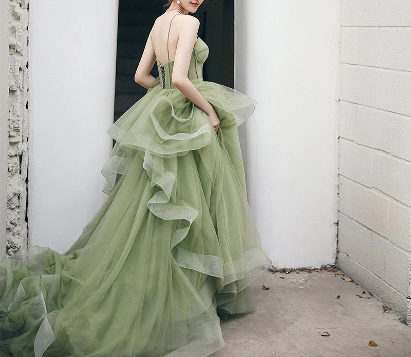 Sage Green Tulle Corset Quinceanera Dresses Ball Gown Spaghetti Straps Mychicdress