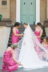Satin Hot Pink Bridesmaid Dress Sleeveless Mermaid Straps Bow Mychicdress