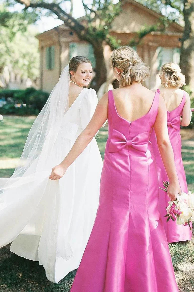 Satin Hot Pink Bridesmaid Dress Sleeveless Mermaid Straps Bow Mychicdress