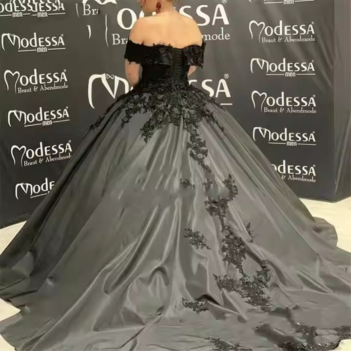 Satin Lace Corset Black Wedding Dresses Off Shoulder with Applique Beading Mychicdress