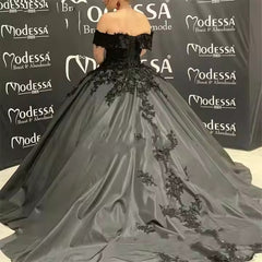 Satin Lace Corset Black Wedding Dresses Off Shoulder with Applique Beading Mychicdress