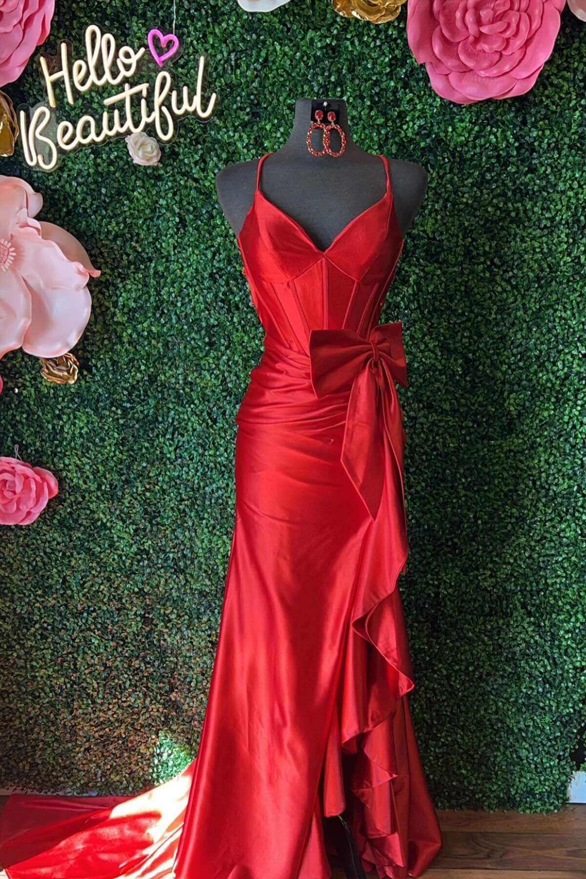 Pink Satin Long Formal Guest Dress with Bow Spaghetti Straps V-Neck