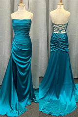 Satin Mermaid Ruched Pleated Red Senior Prom Dress With Slit Strapless
