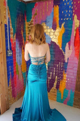 Satin Mermaid Ruched Pleated Red Senior Prom Dress With Slit Strapless