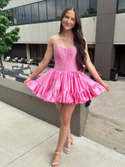 Unique Satin Pink Homecoming Dresses With Pearls Strapless Hoco Dress