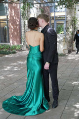 Satin Sage Green Prom Dress Mermaid Halter Wedding Guest Dress