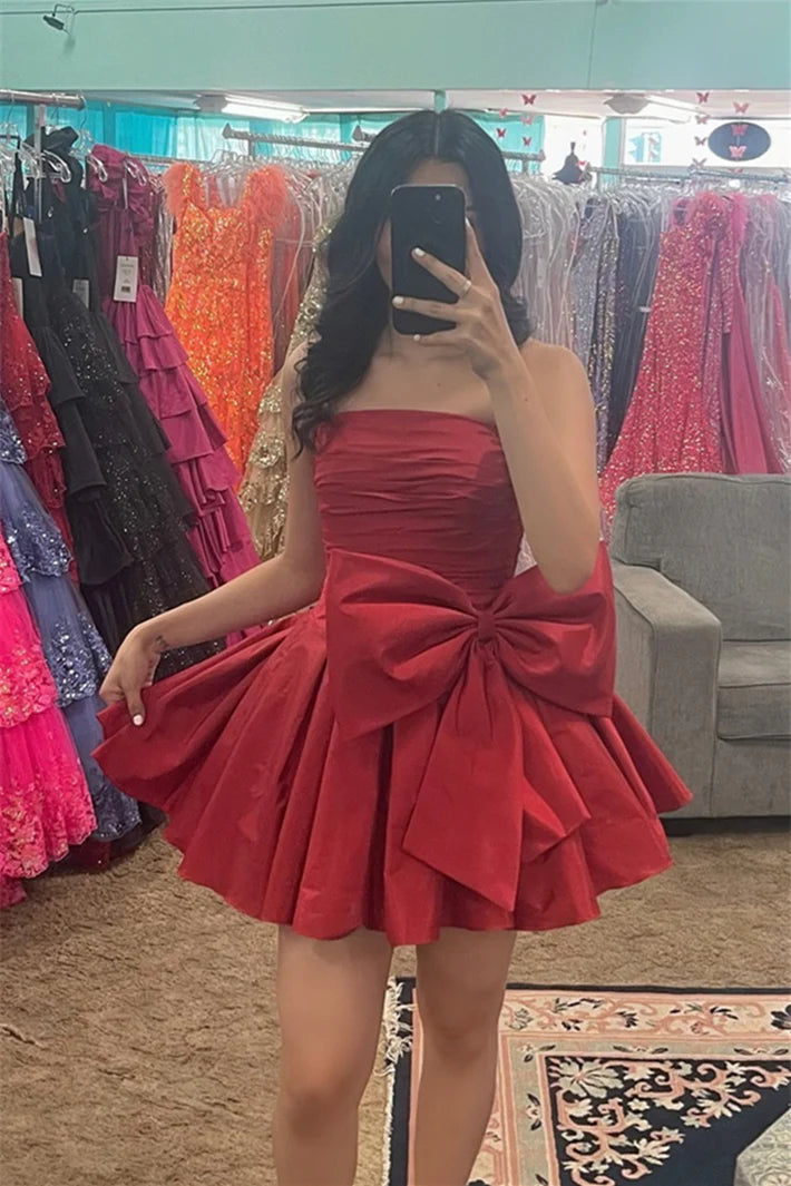 Satin dark red Homecoming Dresses Strapless Short Grad Dresses Mychicdress