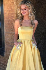 A Line Beaded Satin Long Homecoming Dresses with Pocket