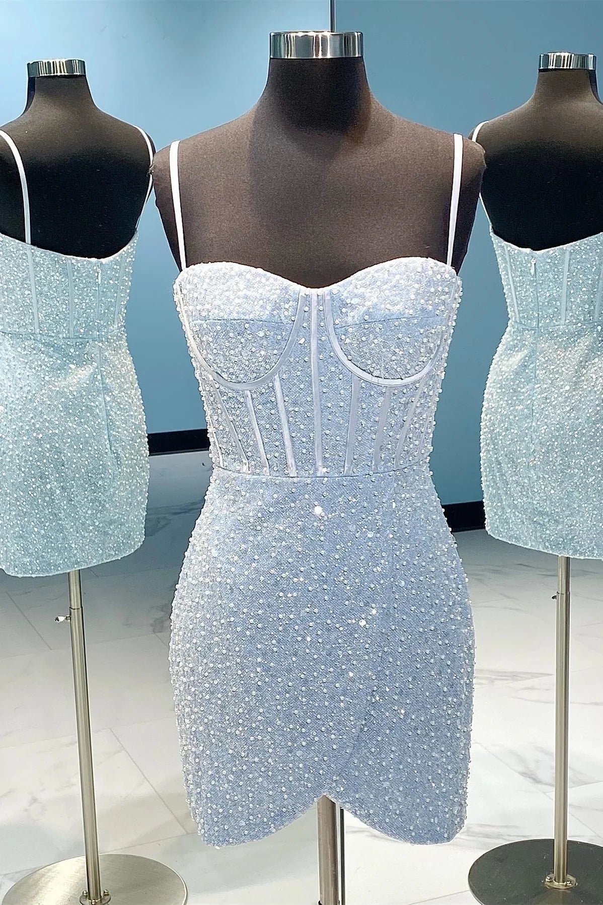 Light Blue Sequin Bodycon Homecoming Dress Mini Spaghetti Straps Party Dress