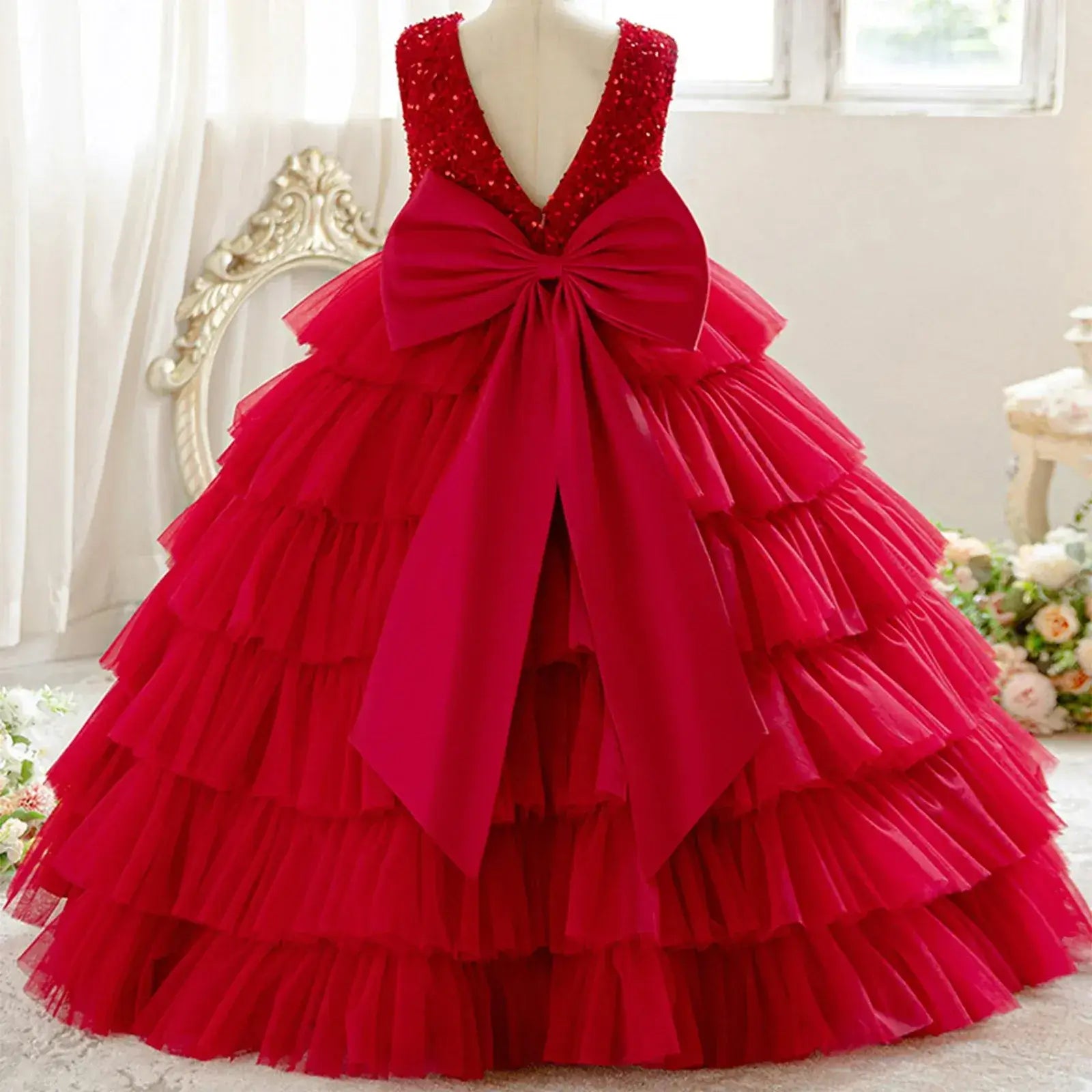 Sequin Flower Girl Dress Birthday Party Layered Pageant Dress Piano Performance Gown