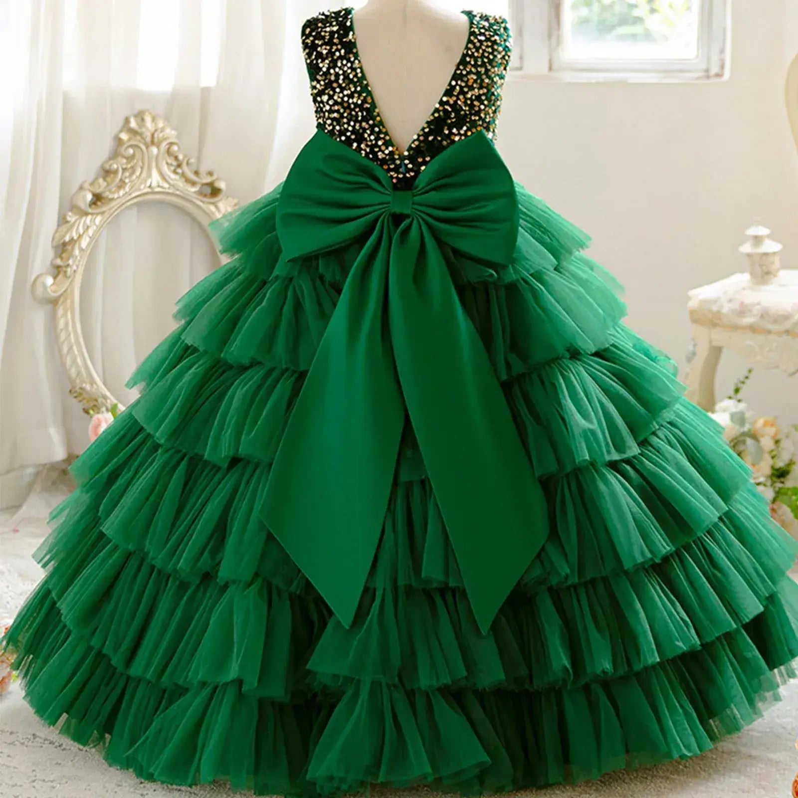 Sequin Flower Girl Dress Birthday Party Layered Pageant Dress Piano Performance Gown