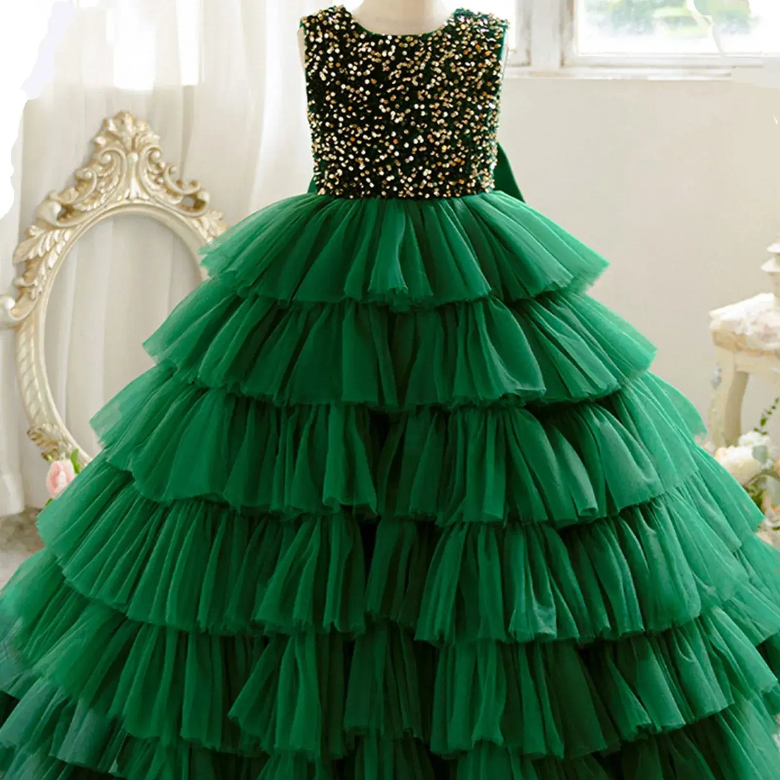 Sequin Flower Girl Dress Birthday Party Layered Pageant Dress Piano Performance Gown
