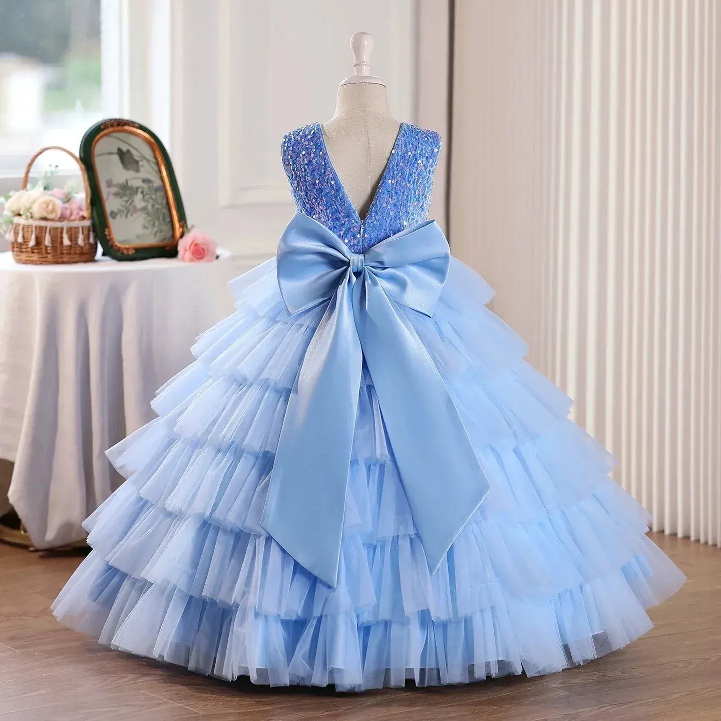 Sequin Flower Girl Dress Birthday Party Layered Pageant Dress Piano Performance Gown