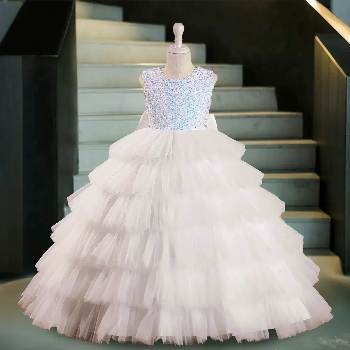 Sequin Flower Girl Dress Birthday Party Layered Pageant Dress Piano Performance Gown