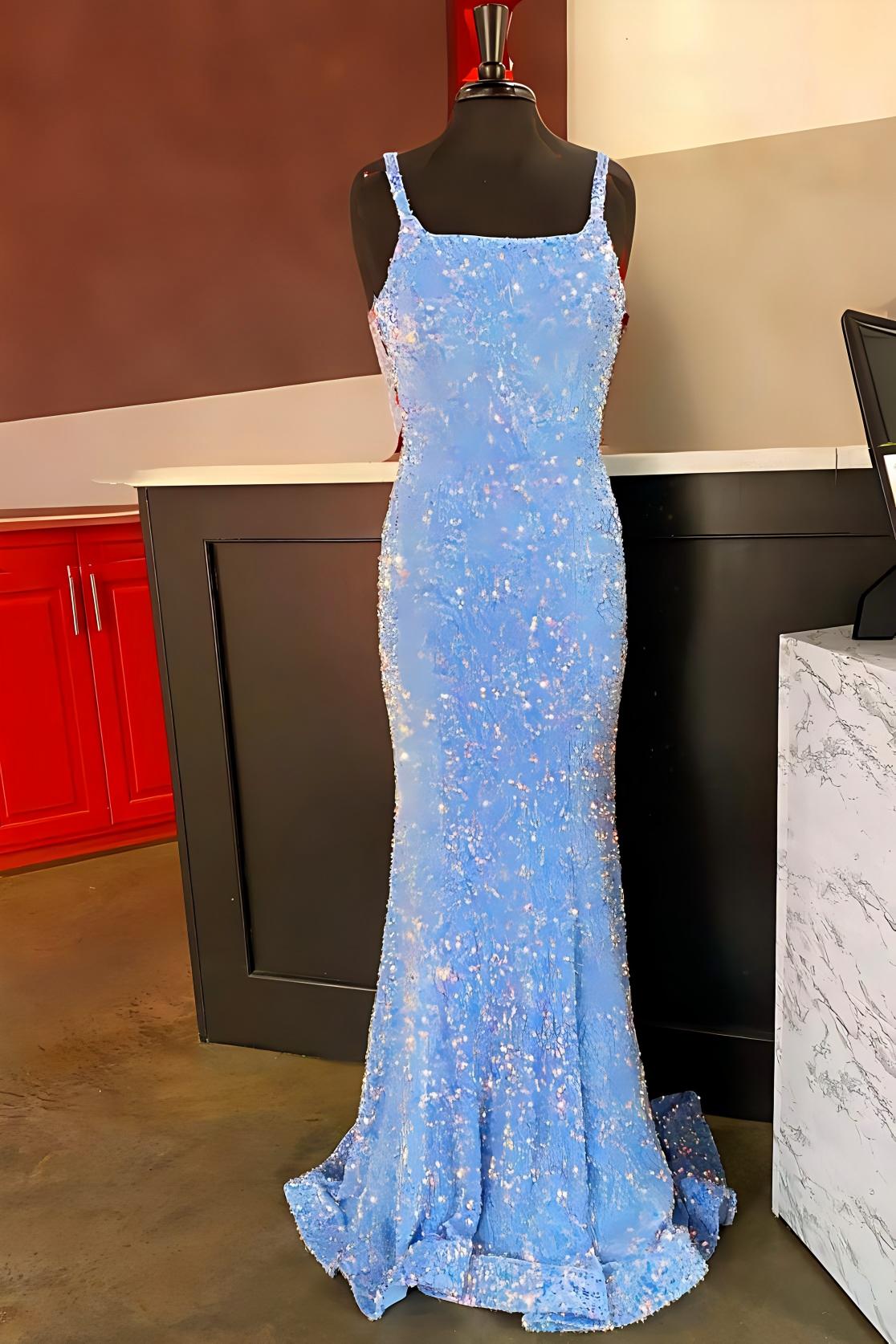 Sequin Gold Square Neck Prom Dresses Mermaid Long Formal Dress Backless with Slit