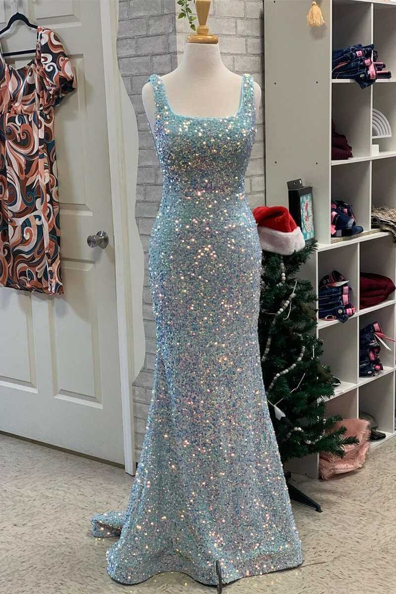 Sequin Gold Square Neck Prom Dresses Mermaid Long Formal Dress Backless with Slit