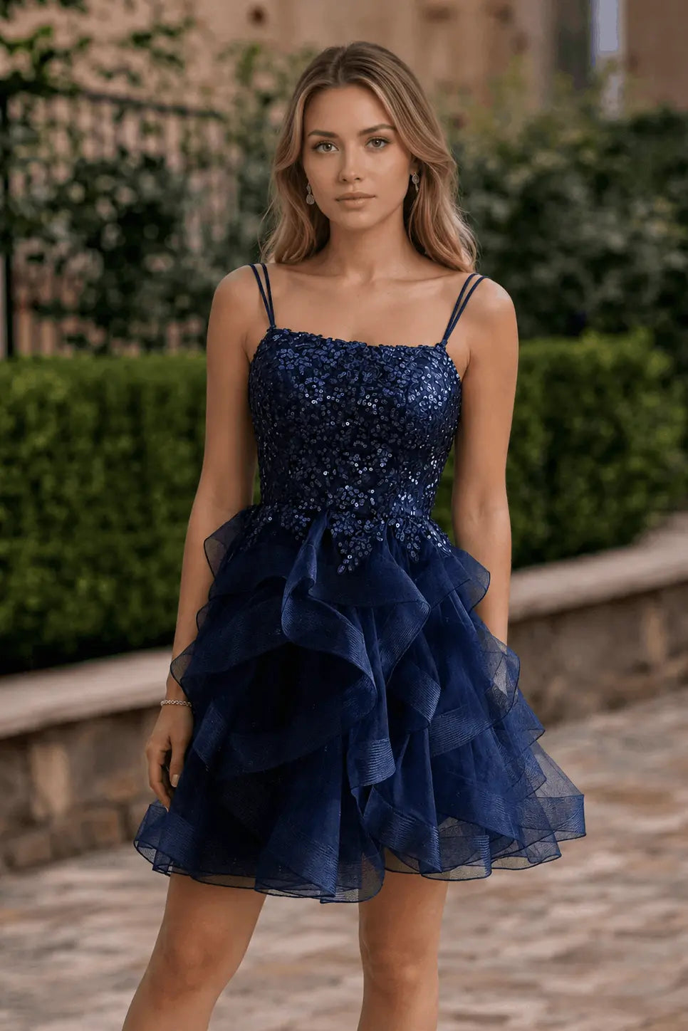 Sequin Black Homecoming Dress Square Neck Tulle Ruffle Cocktail Dress