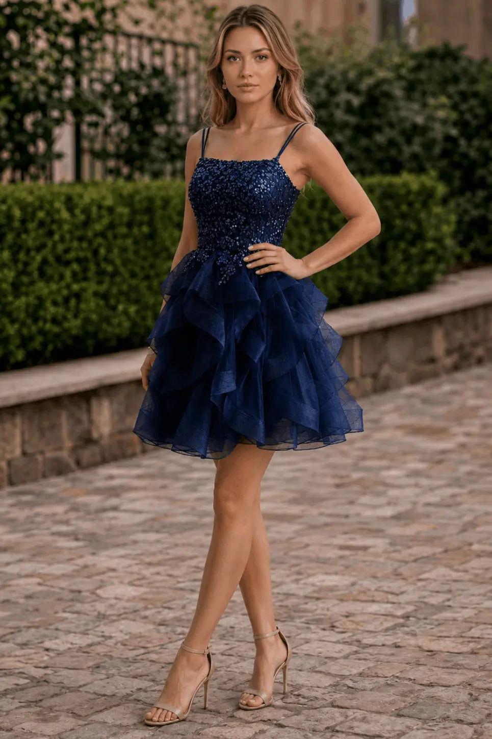Sequin Black Homecoming Dress Square Neck Tulle Ruffle Cocktail Dress