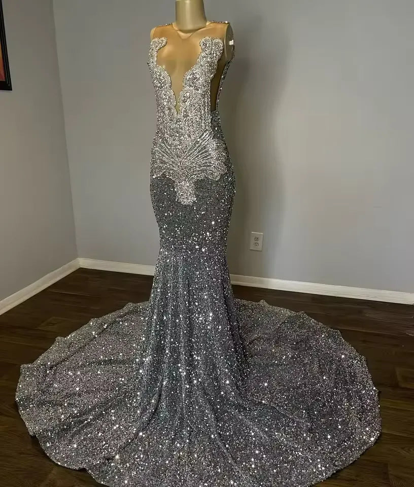 Glitter silver Evening Gown with Beads Crystals Prom Dress For Girls