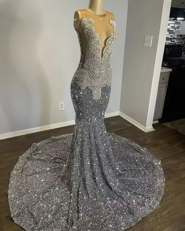 Glitter silver Crystals Prom Dress For Girls