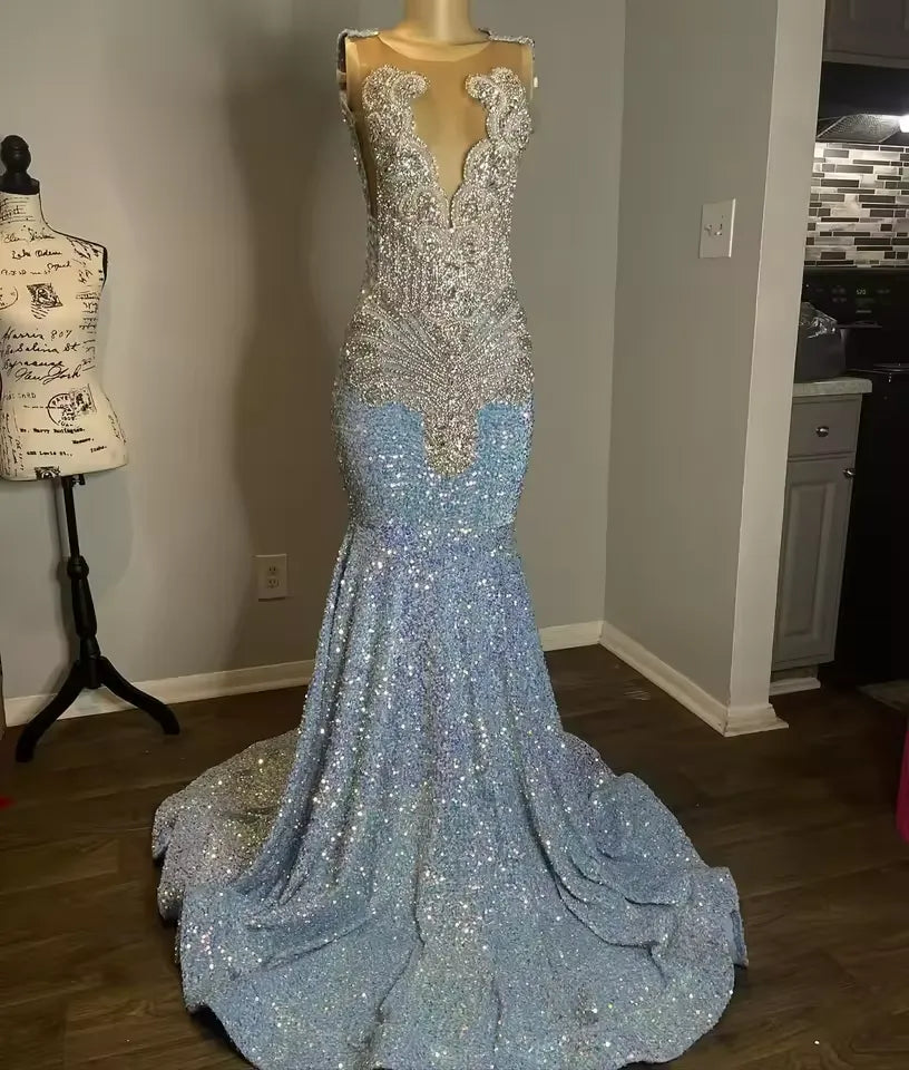 Glitter BlueEvening Gown with Beads Crystals Prom Dress For Girls