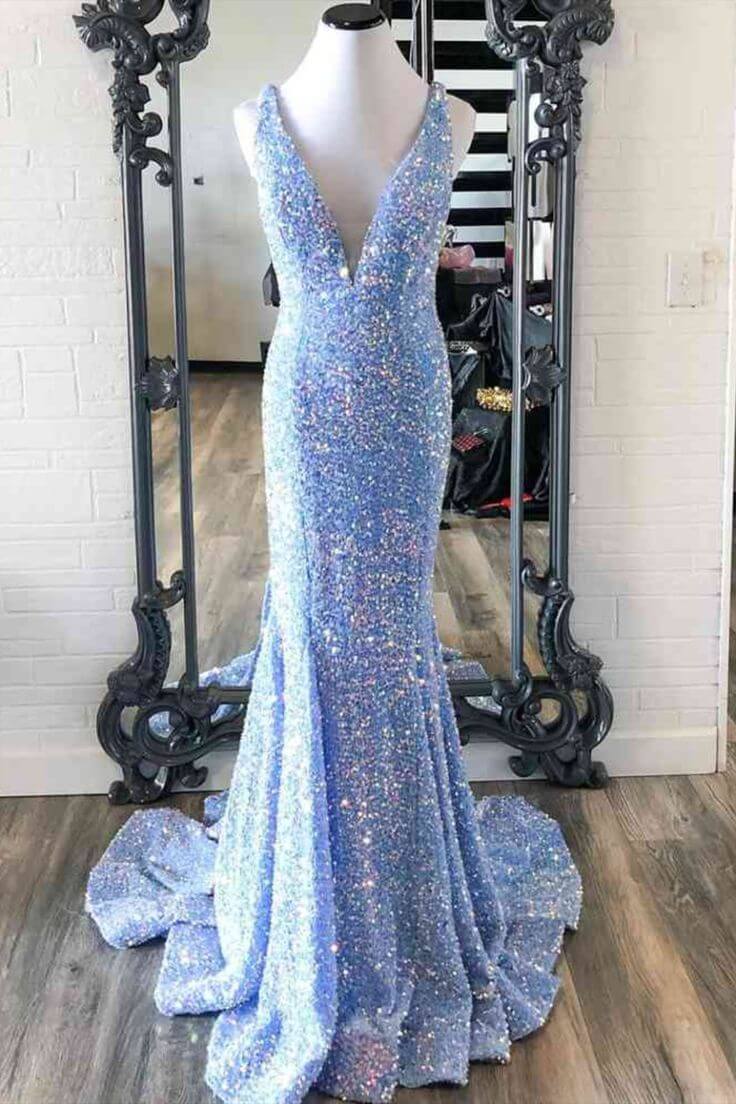 Black V Neck Prom Dresses Sequins Long UK Evening Dress Mermaid