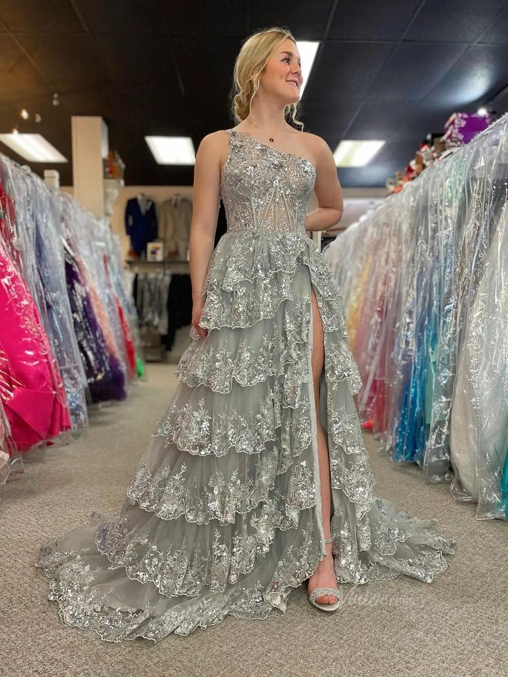 A-Line Tiered Lilac Sequin-Embroidery Prom Dress Ruffle Skirt with Slit