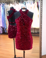 Cheap Mini Homecoming Dresses Burgundy Sequin Short Prom Dress - MyChicDress